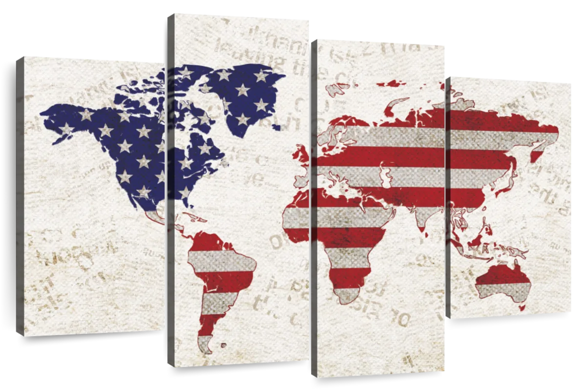 US Flag World Map On Newspaper Art: Canvas Prints, Frames & Posters