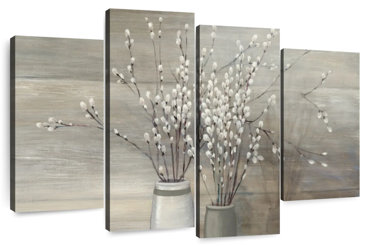 Pussy Willow Still Life Gray Pots Crop | Large Metal Wall Art Print | Great Big Canvas