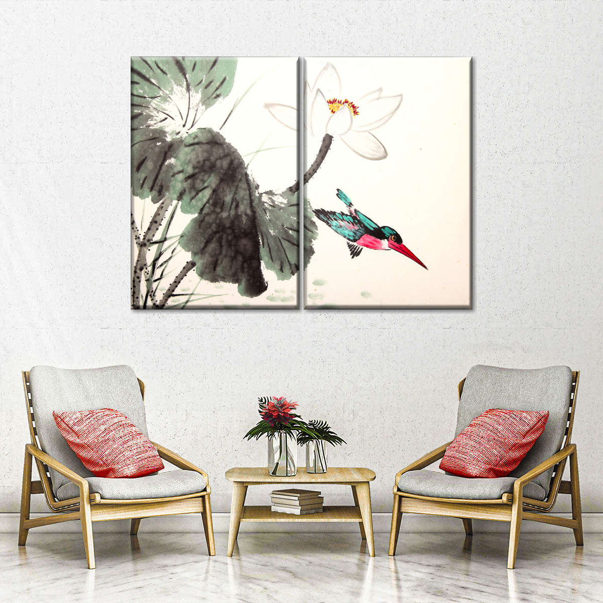 Lotus And Bird Ink Painting Wall Art: Canvas Prints, Art Prints ...