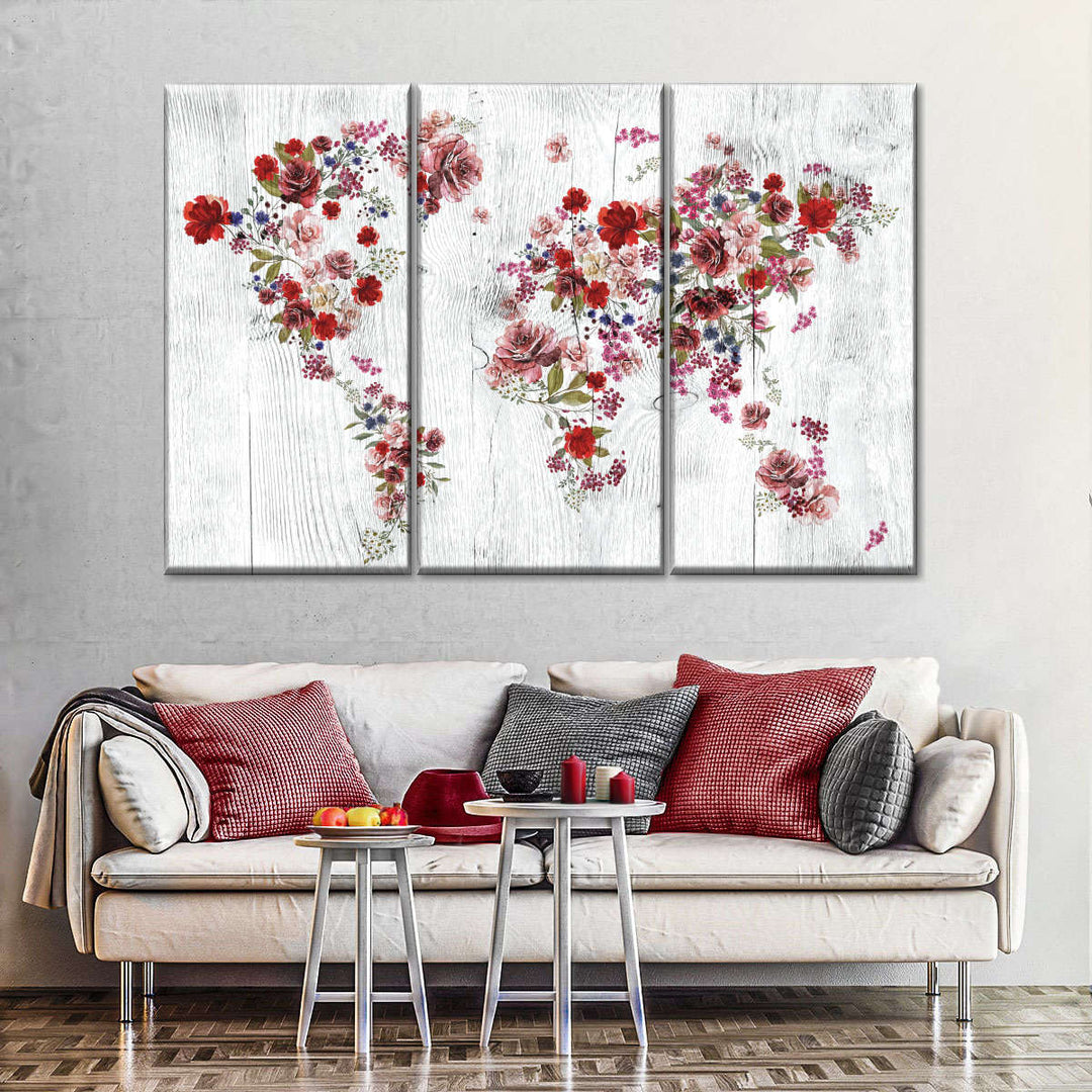 Red Floral World Map Wall Art | Digital Art