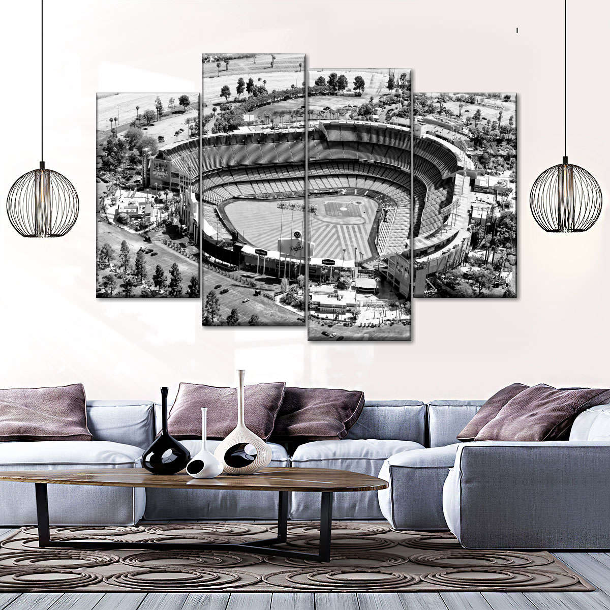 Los Angeles, California - The Famous Dodger Stadium with Downtown LA in the  Background Pictures for Living Room 5 Piece Canvas Wall Art Modern Artwork