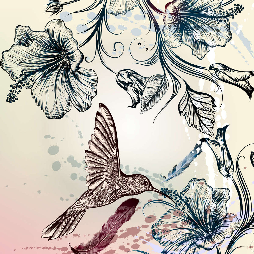 Hummingbird And Hibiscus Blooms Wall Art | Digital Art