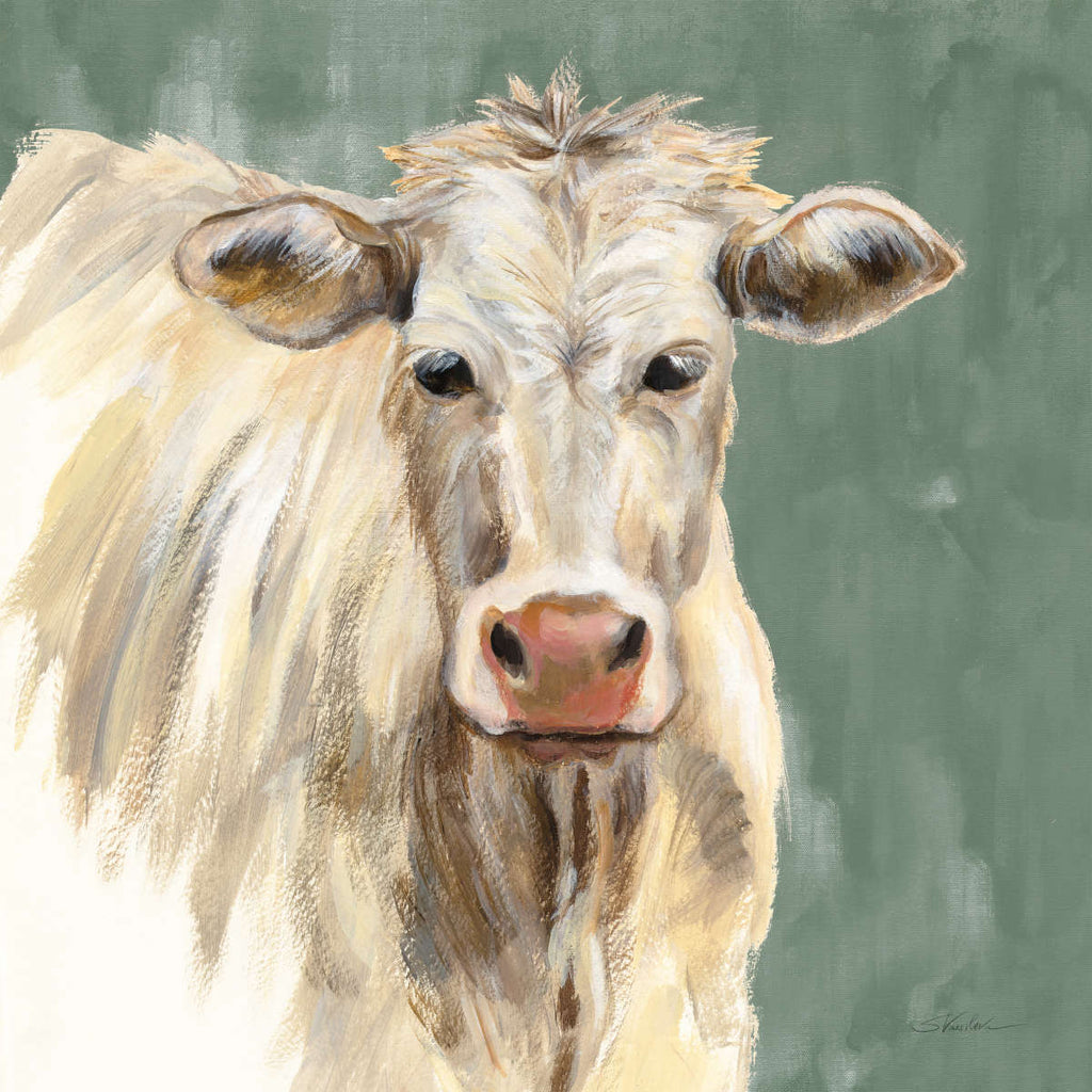 White Cow On Sage Wall Art | Painting | by Silvia Vassileva