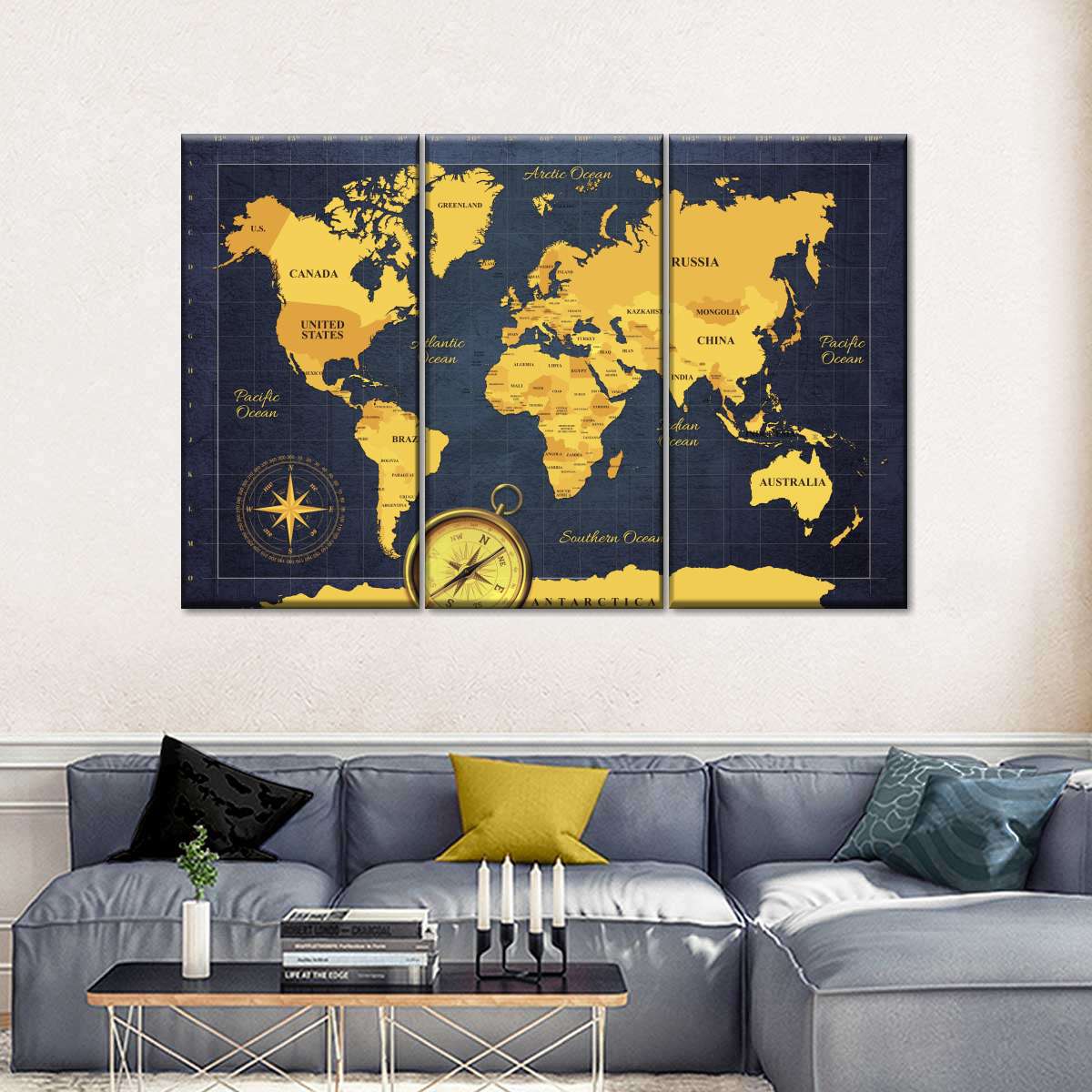 World Compass Map Multi Panel Canvas Wall Art Elephantstock