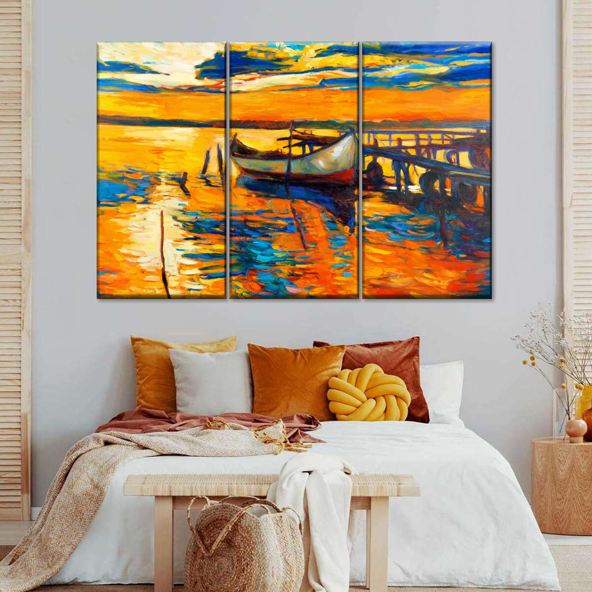 Fishing Boat At Sunset Multi Panel Canvas Wall Art