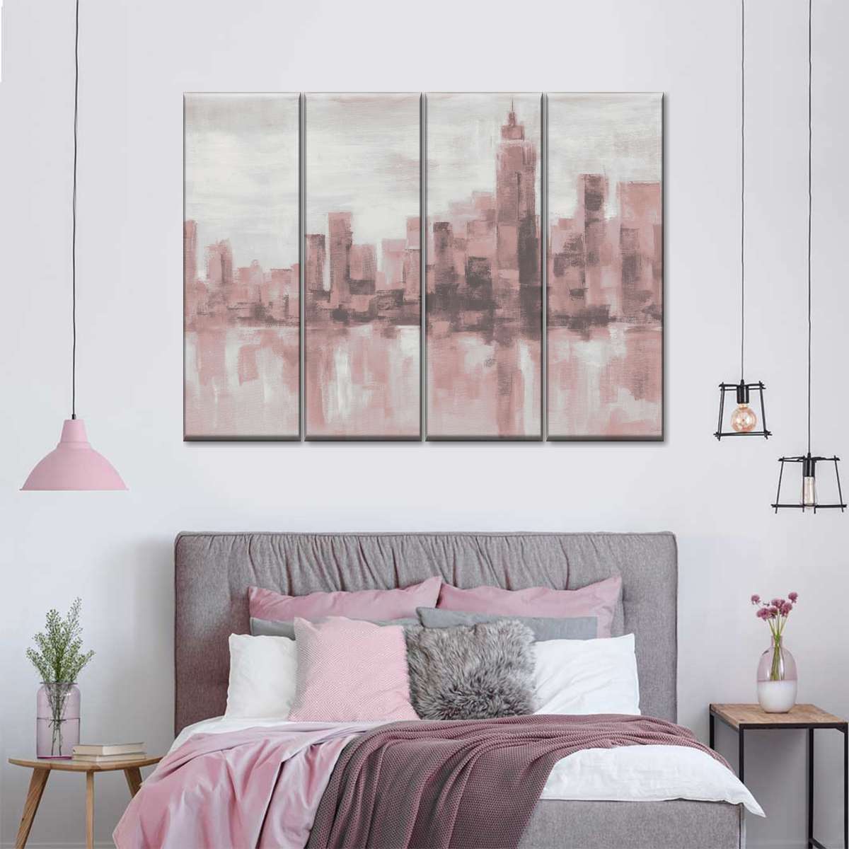 Misty Day in Manhattan Pink Gray Multi Panel Canvas Wall Art