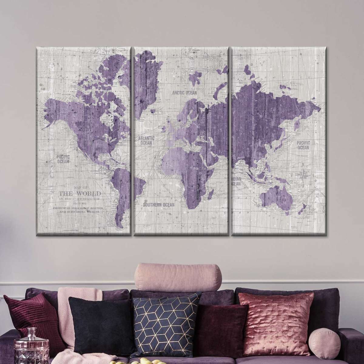 Old World Map Purple Gray Multi Panel Canvas Wall Art Elephantstock