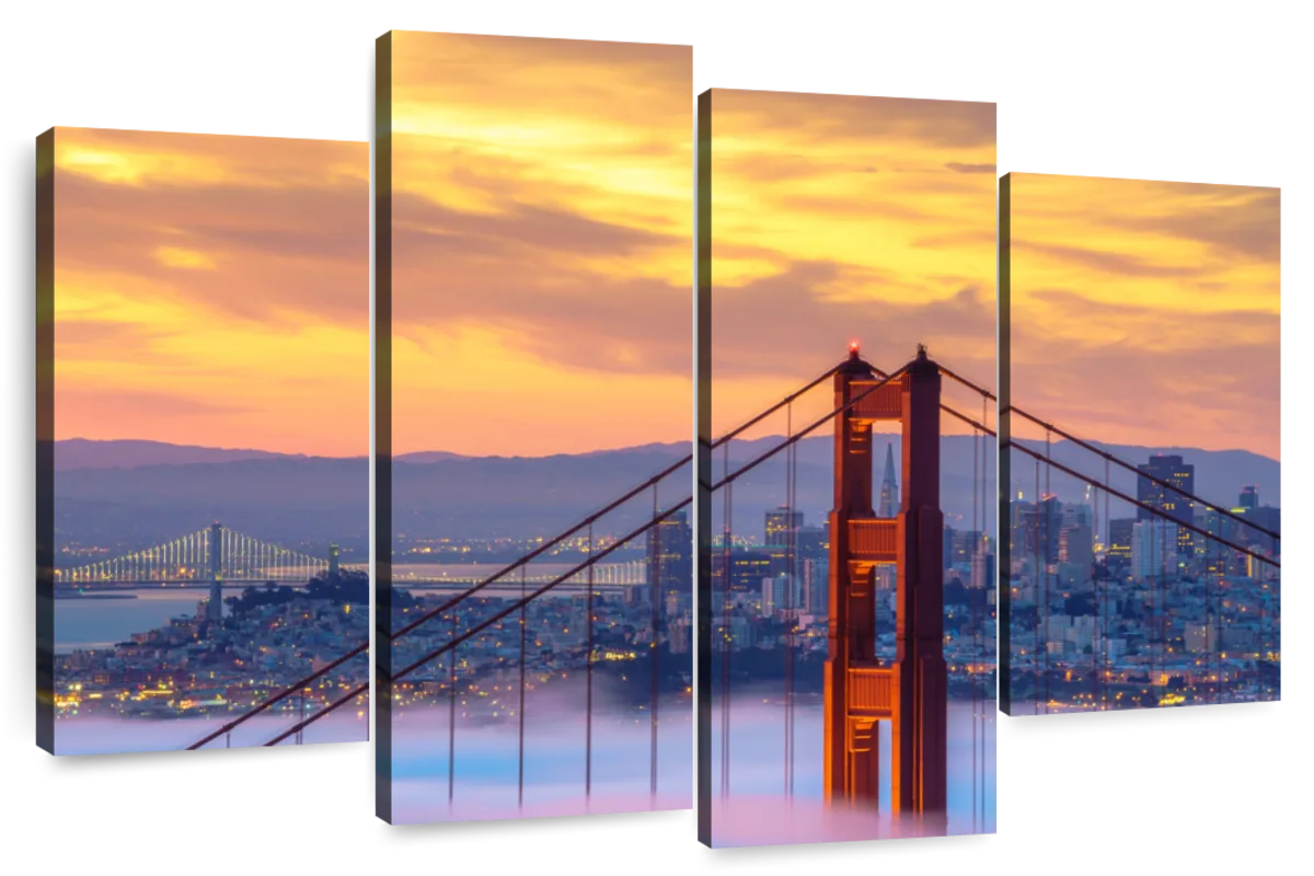 Golden Gate in Blue Background - Sea Bridge Glossy Metal Wall Art - 28 in. Wide x 12 in. High