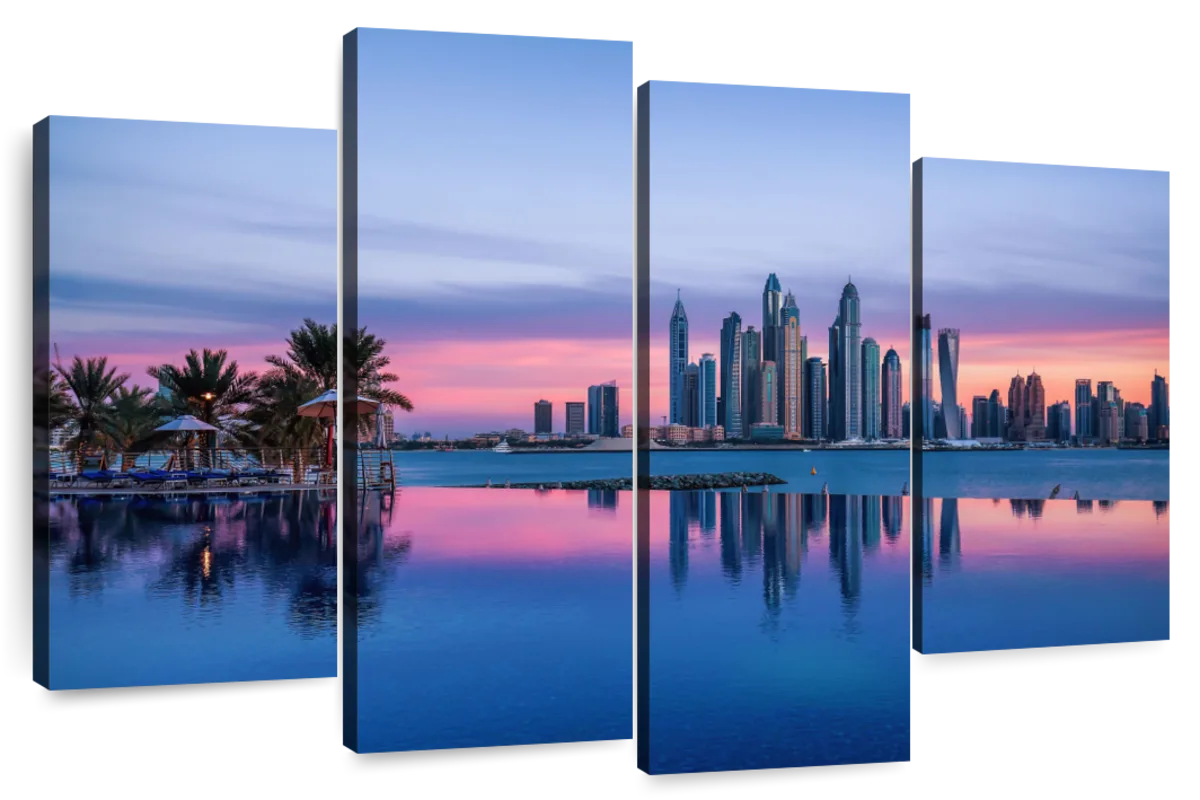 Wall Mural Blue nights Dubai - skyline with skyscrapers and reflection in  water - Other cities - Cities - Wall Murals