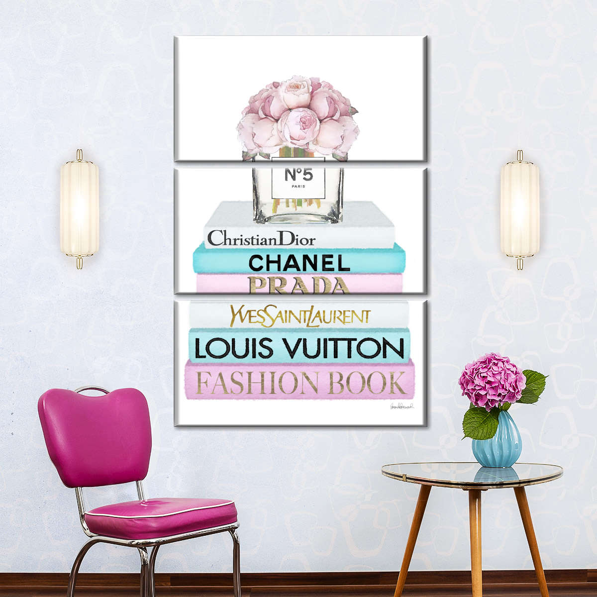  Fine Art Canvas Book Shelf Full Of Rose Gold, Grey, And Pink  Fashion Books Canvas Wall Decor by Artist Amanda Greenwood for Living Room,  Bedroom, Bathroom, Kitchen, Office, Bar, Dining 