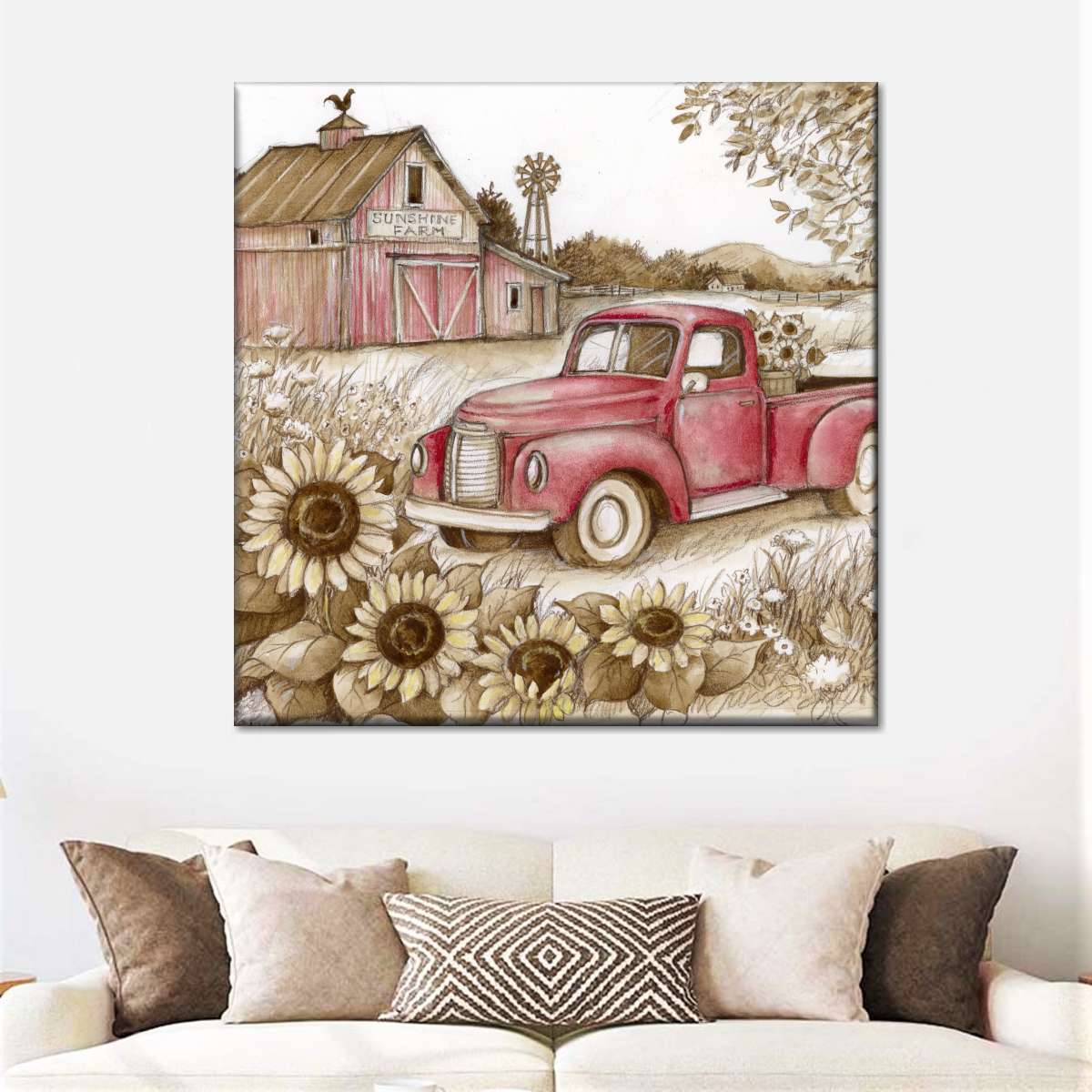 Download Vintage Truck Sepia Sunflowers Multi Panel Canvas Wall Art ...