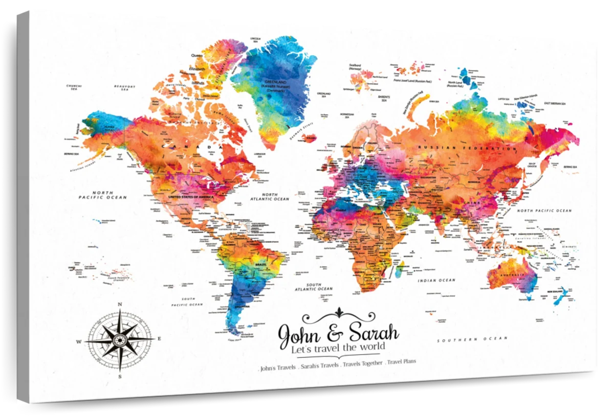 Personalized Push Pin World Travel Map High Detailed Map Canvas Wall Art XL  Places I've Been Map Pinnable World Map Trip Map World 