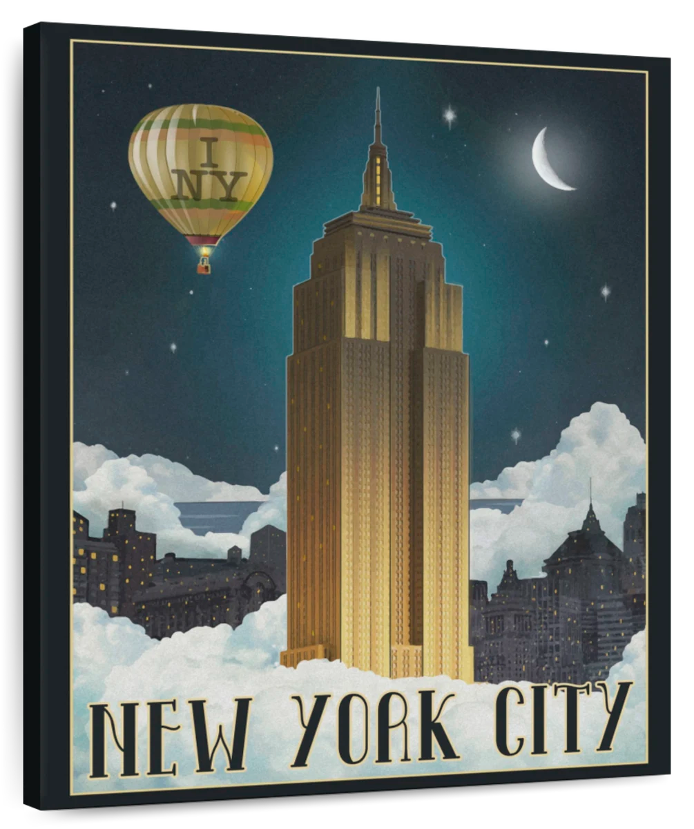 New York City, NY - Skyline at Night: Retro Travel Poster | Large Canvas Art Print | Great Big Canvas