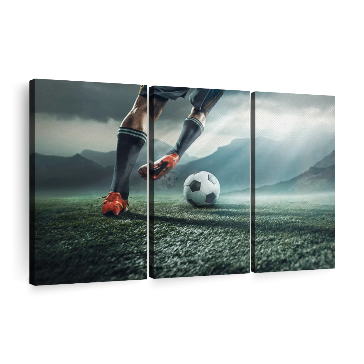 Horizontal image of soccer ball being kicked by footballer against
