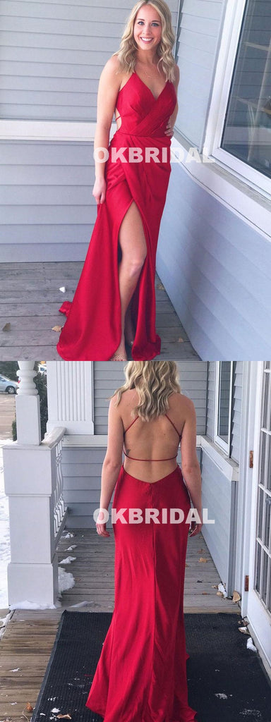 Red Backless Sexy V-Neck Sheath Prom Dress, Spaghetti Straps Elastic S ...