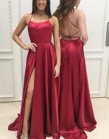 Red Spaghetti Straps Backless Prom Dress, A-Line Slit Sleeveless Prom ...