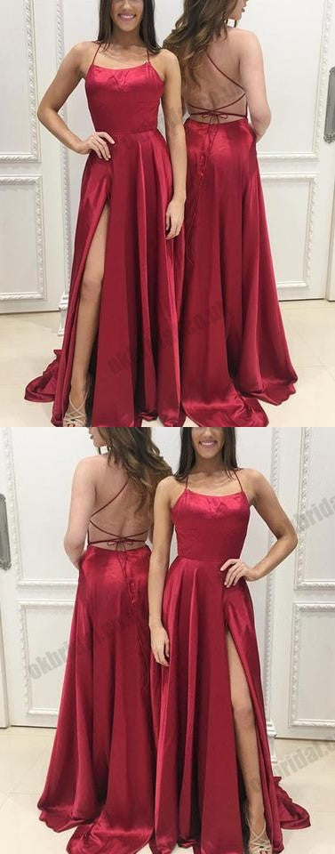 Red Spaghetti Straps Backless Prom Dress A Line Slit Sleeveless Prom Okbridal 2301