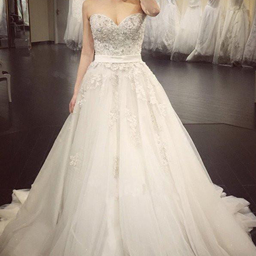 A Line Lace Crystal A line Luxurious Long Custom Wedding Gowns, Afford ...