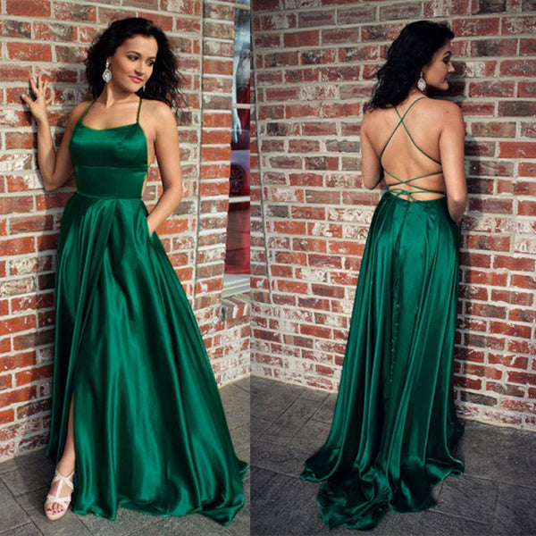 Sexy Spaghetti Straps Backless Prom Dress, Satin Slit Cheap Prom Dress ...