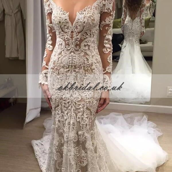 Long Sleeve Wedding Dress, Lace Wedding Dress, Vintage Bridal Dress, T ...