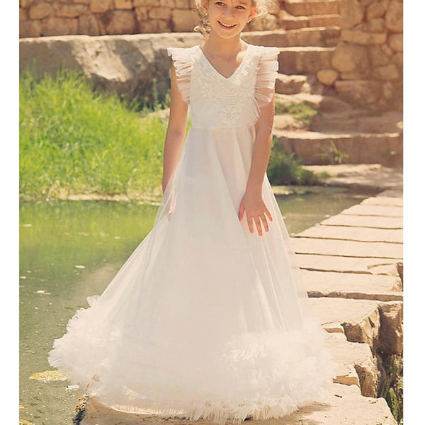 V Neck Ivory Tulle Appliques A Lone Long Little Girl Dresses Lovely