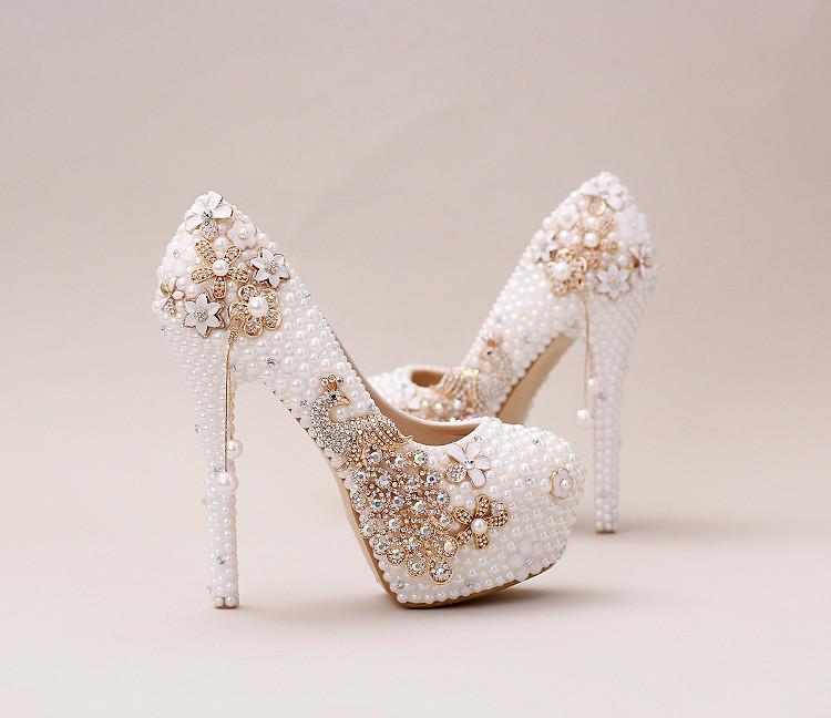 Handmade High Heels Round Toe Pearls Crystal Wedding Shoes, S0038 ...