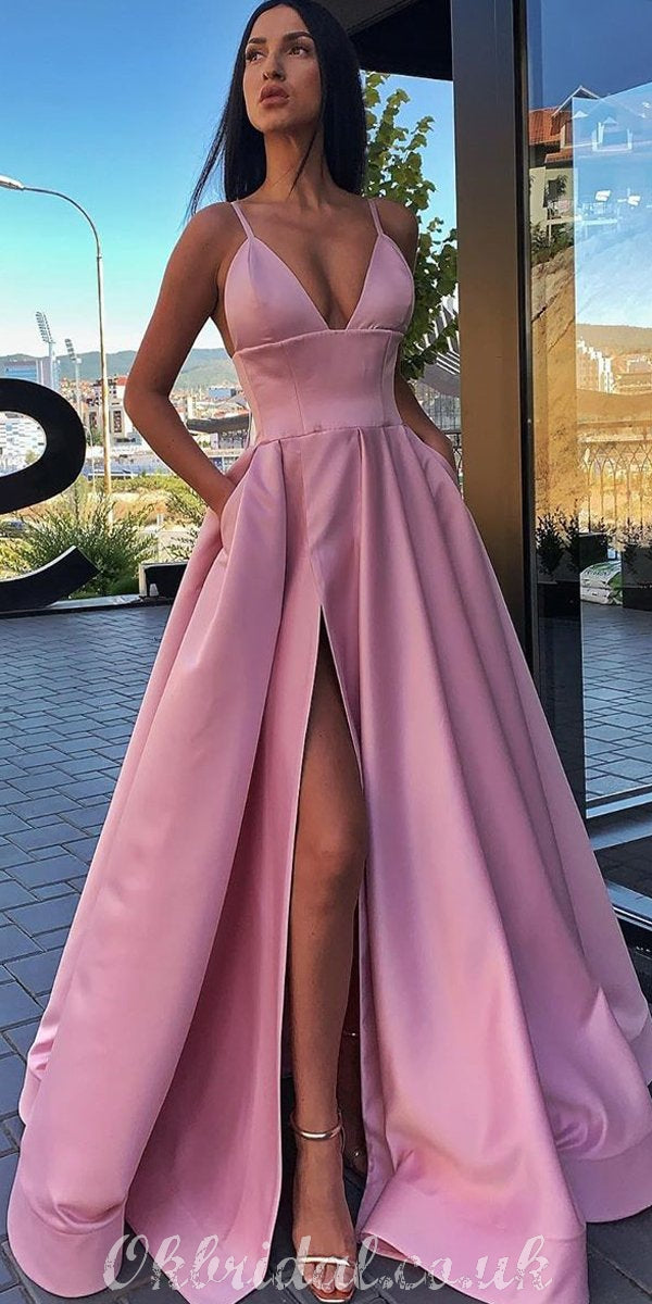 Different Colors A-line Satin Sleeveless Spaghetti Straps Slit Prom Dr ...