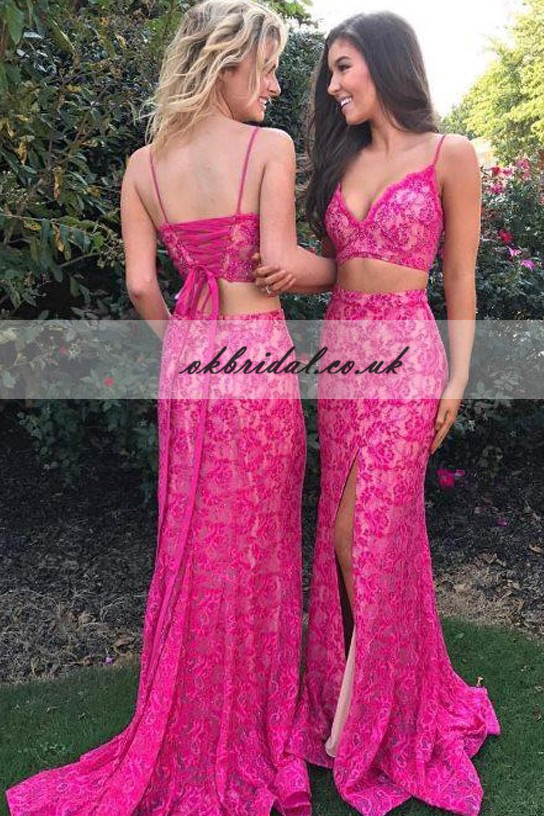 Two Pieces Prom Dress, Lace Prom Dress, Spaghetti Straps Prom Dress, S ...