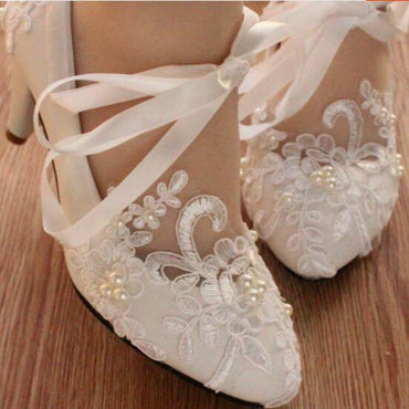 Pearls Women Wedding Shoes With Ribbons Lace Up Party Shoes Pointed To ...