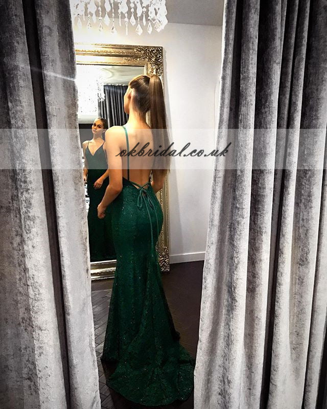 Green Charming Lace Beaded Backless Prom Dress, Mermaid V-Neck Prom Dr ...