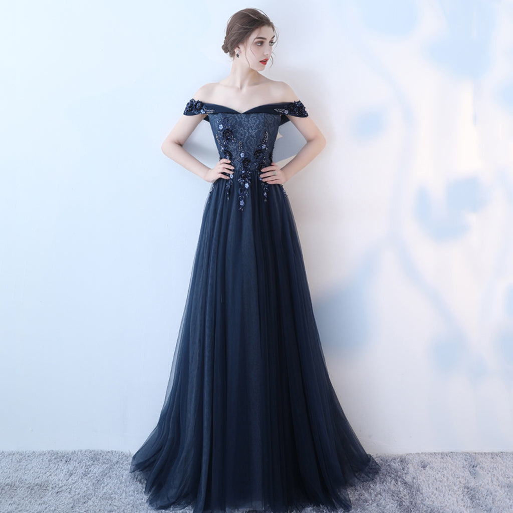 Off Shoulder Lace Prom Dress, Charming Applique Beaded Vintage Prom Dr ...