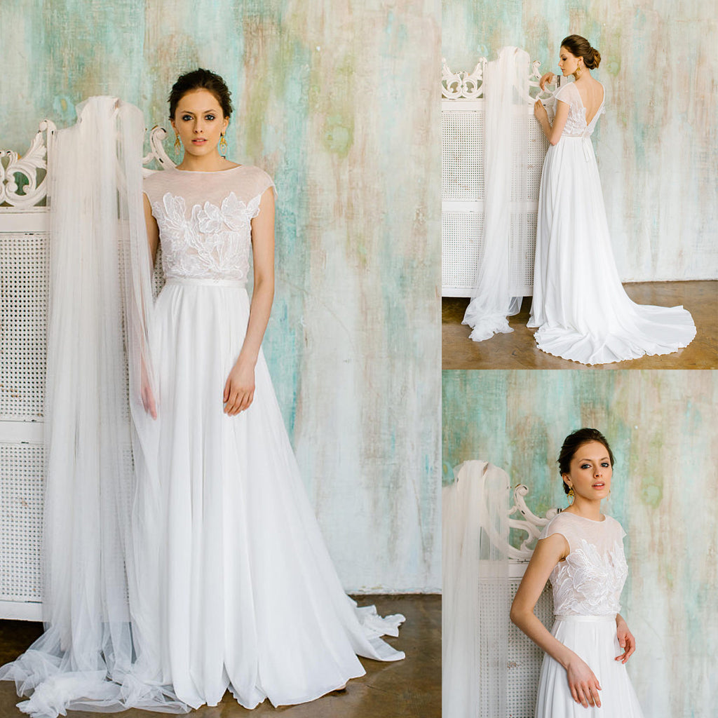 Long Chiffon Applique Wedding Dress, V-Back Beach Wedding Dress, A-Line Wedding Dress, LB0768