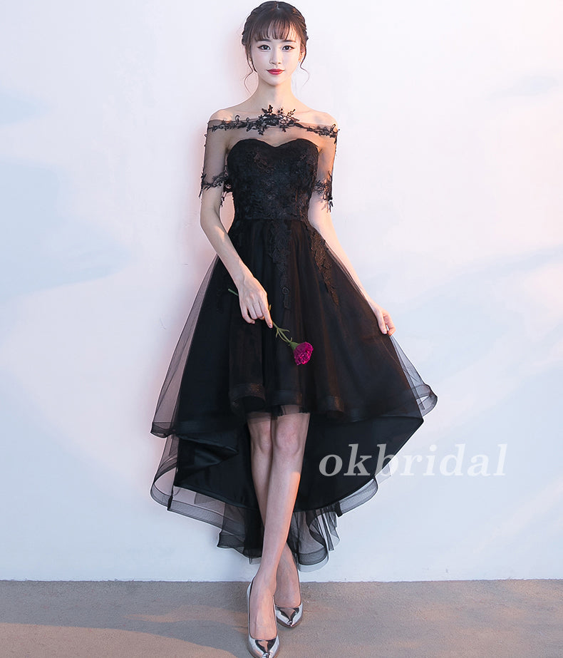 High-Low Tulle Unique Homecoming Dress, Applique Sweet Heart Black Hom ...