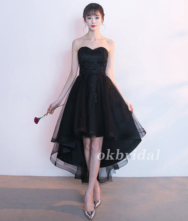High-Low Tulle Unique Homecoming Dress, Applique Sweet Heart Black Hom ...