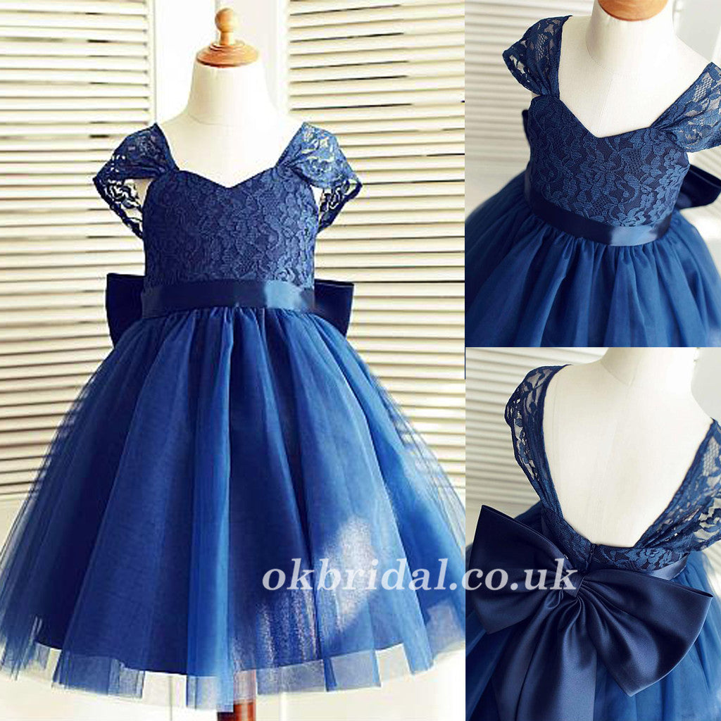 Navy Blue Lace Top Tulle Popular Flower Girl Dresses, Cheap Little Gir ...