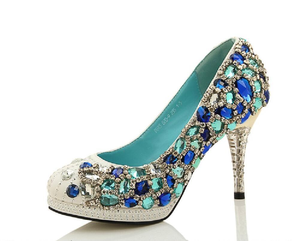 Four Colors Handmade Rhinestone High Heels Pointed Toe Crystal Wedding ...