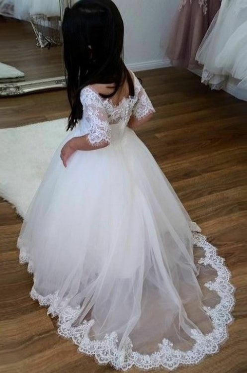 Cute Off Shoulder Tulle Flower Girl Dresses, Popular Lace Little Girl ...