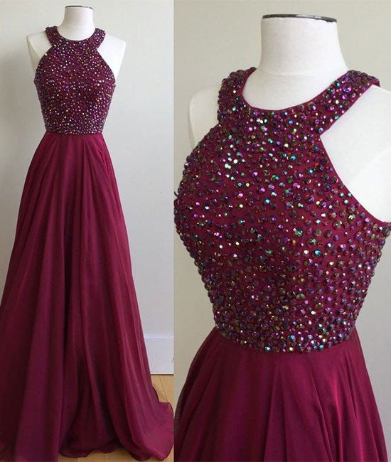 Simple Halter Burgundy Evening Prom Dresses Custom Long Prom Dresses Okbridal