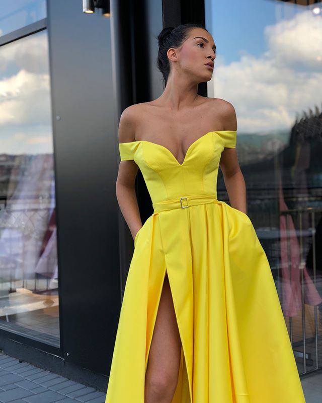 Off Shoulder Yellow A-line Satin Slit Charming Prom Dresses, FC2130 ...