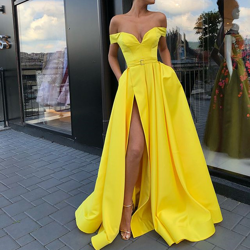 Off Shoulder Yellow A-line Satin Slit Charming Prom Dresses, FC2130 ...