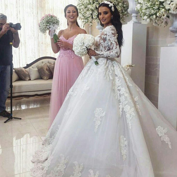 Luxury Lace White A-Line Wedding Dress, Charming Long Sleeve Tulle Wed ...