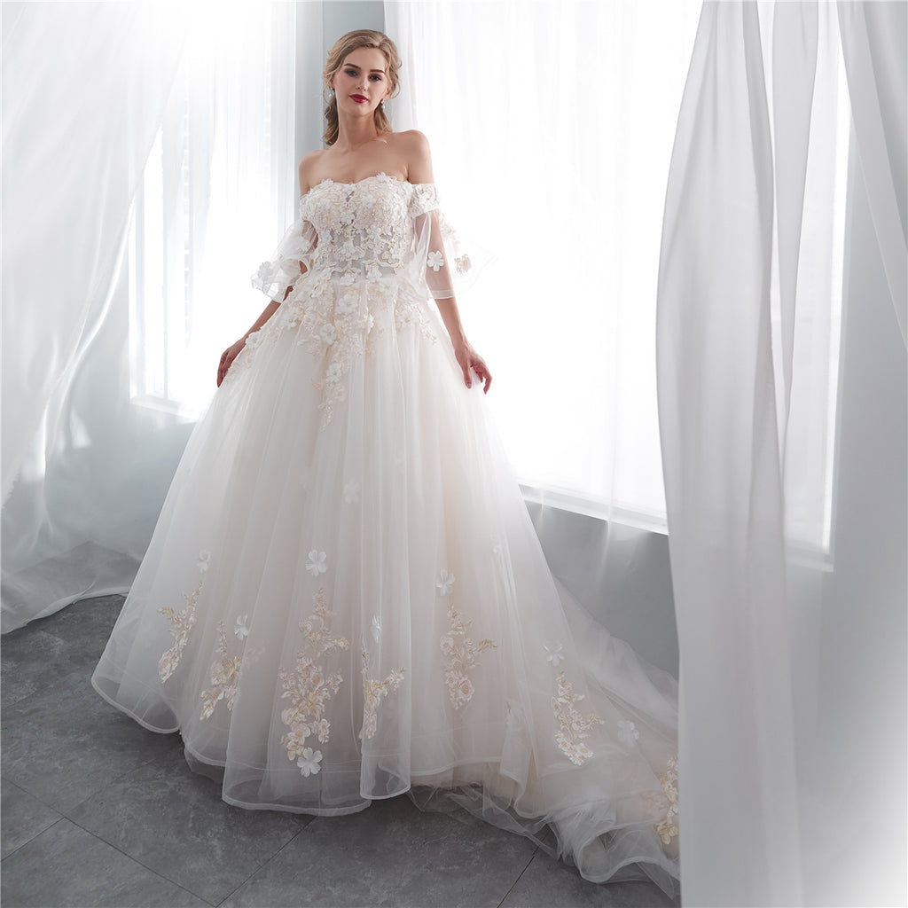 Gorgeous Off Shoulder Tulle A-Line Long Applique Wedding Dress, FC1634 ...