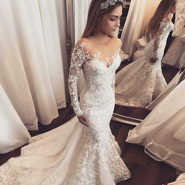 Luxury Long Sleeve Lace Mermaid Tulle Charming Beaded Wedding Dress, K ...