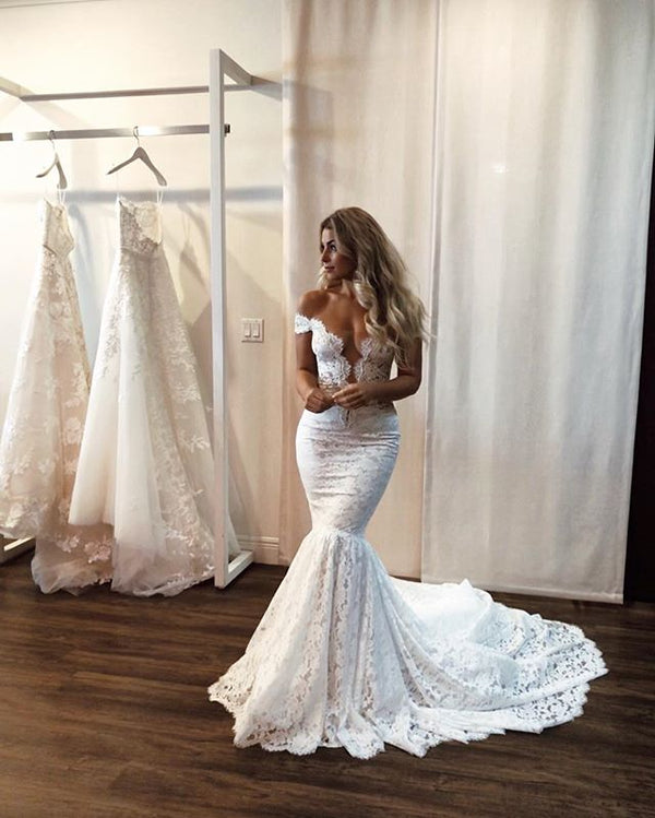 Popular Lace Off Shoulder Sexy Mermaid Wedding Dresses, FC3864 – OkBridal