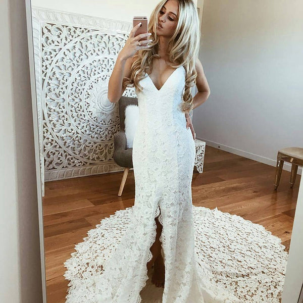 Spaghetti Straps Lace V Neck Wedding Dress Sexy Mermaid Slit Backless