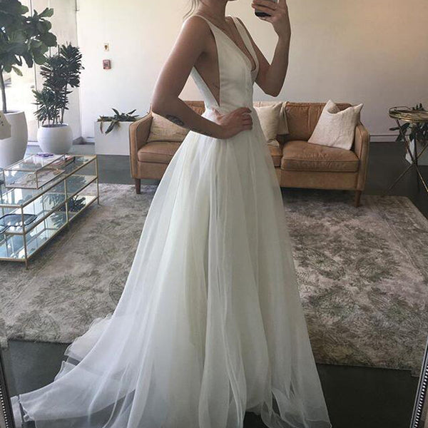 deep v neck a line wedding dress