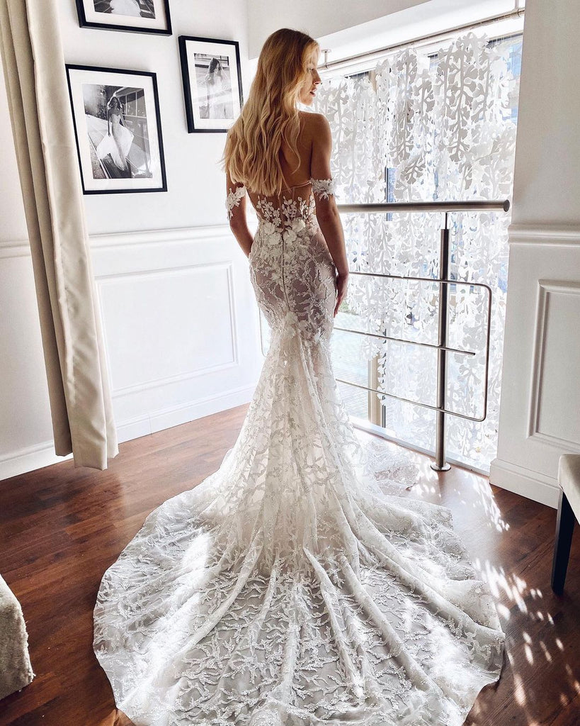 Stunning Off Shoulder Lace Mermaid Sweetheart Backless Wedding Dresses ...
