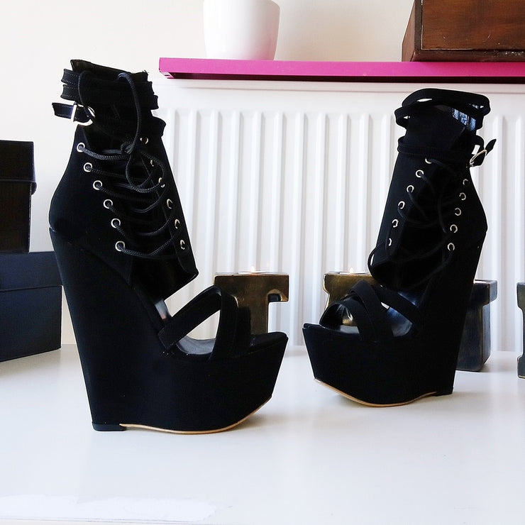 Lace Up Black High Heel Wedge Shoes | Tajna Club