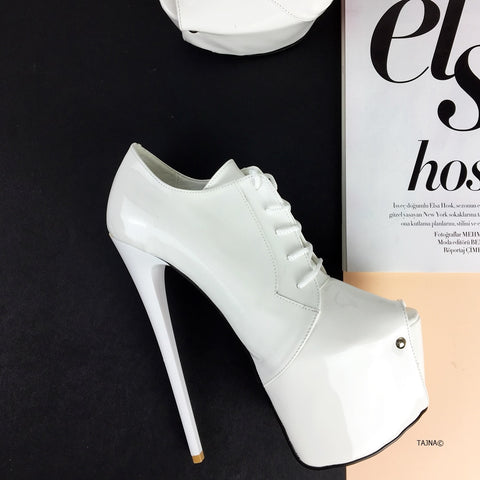White Glossy Open Toe Ankle Heels 