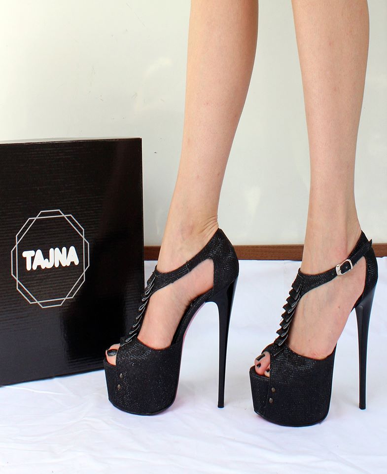 Black Shimmer Ankle Strap Peep Toe High Heel Platform Shoes – Tajna Club